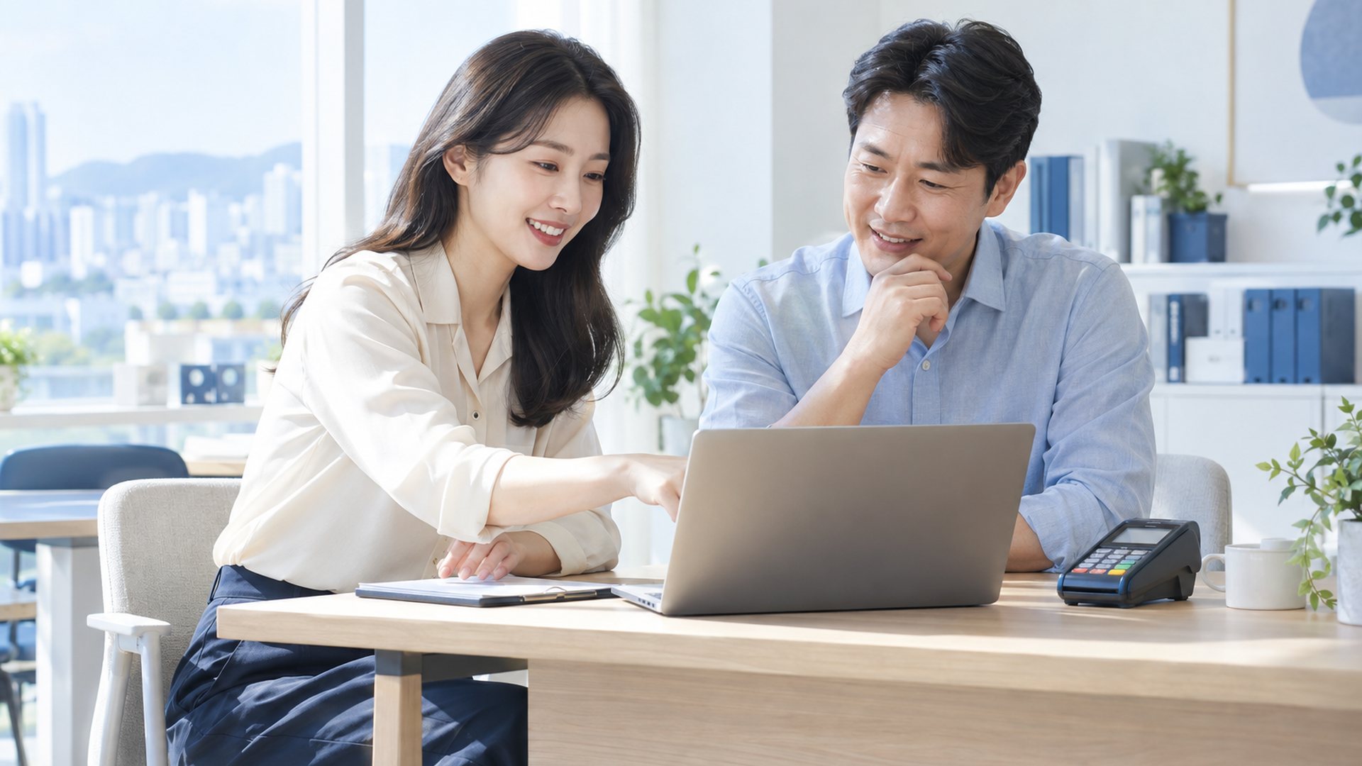 유흥업 카드단말기 카운터 결제 · 두 사람이 노트북 옆 단말기를 보며 이야기하는 장면(연출 사진)