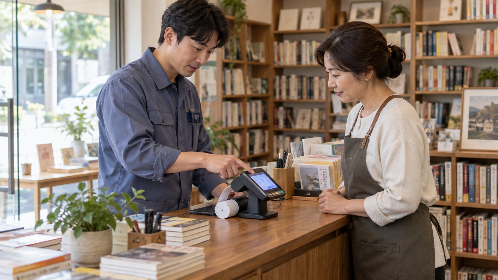 노래방 카드단말기 준비 서류 · 서점 계산대에서 단말기로 결제를 받는 장면(연출 사진)